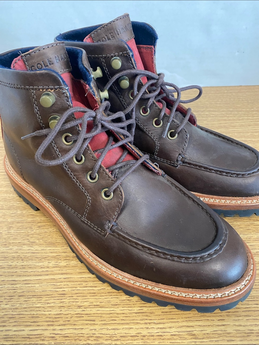 Cole Haan Brown Leather Moc Toe Boots with Red Lining